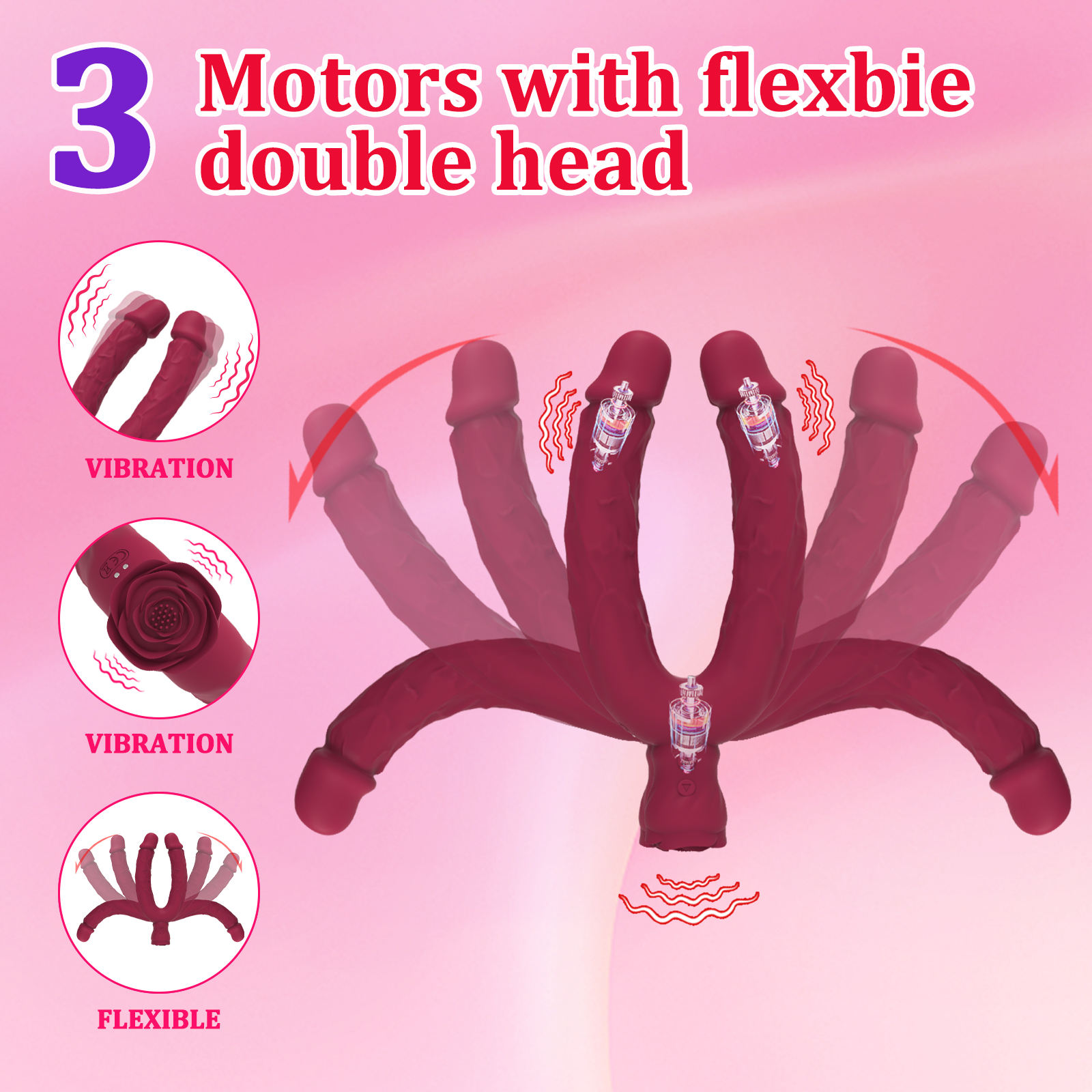 Flexible Rose Double Ended Dildo Vibrator Lesbian Sex Toys Vibrators for Couple With 10 Vibrating Modes Sex Toy for Women - Image 4