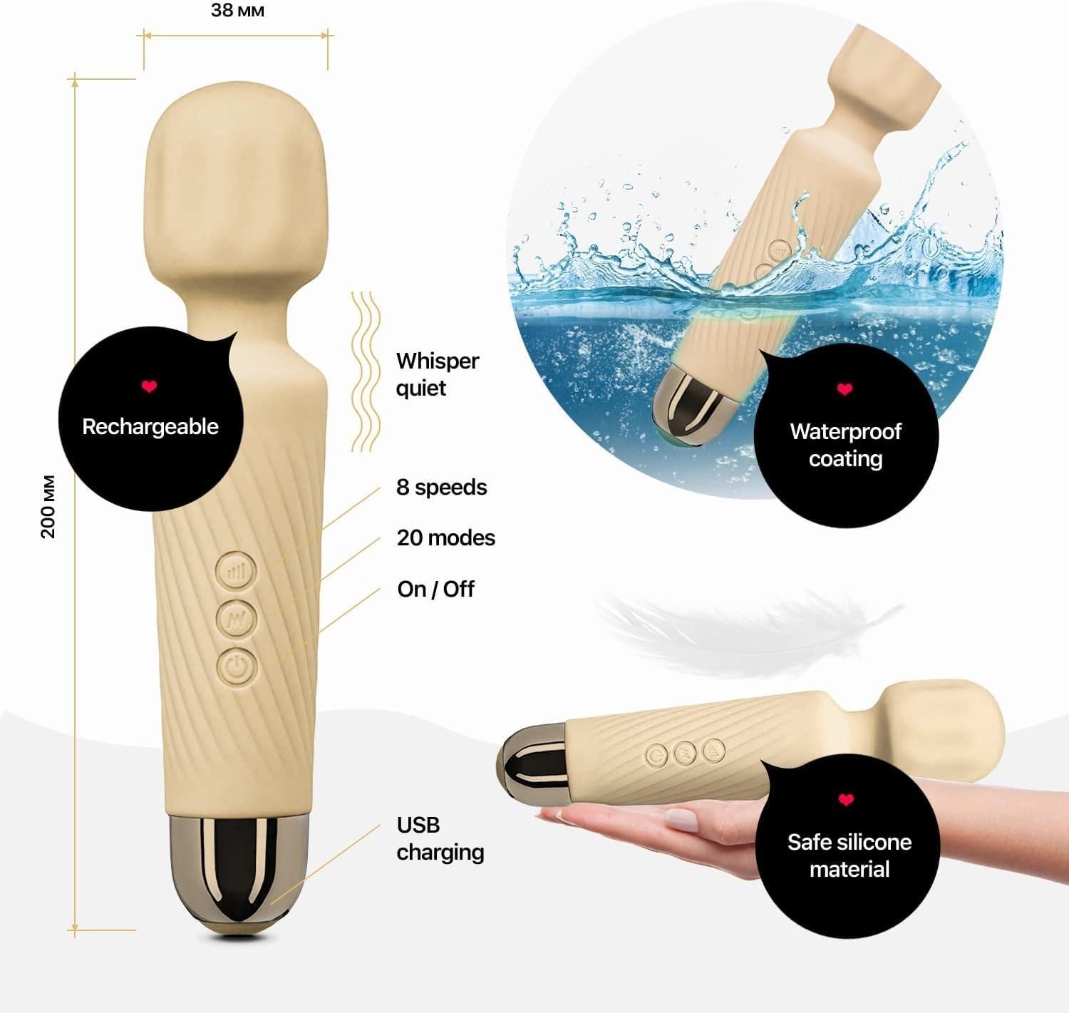 USB Charge Magic 20 Pattern 8 Speed AV Wand Massager Electric Relax Massage Vibrator Waterproof Silicone Personal Body Massager - Image 4
