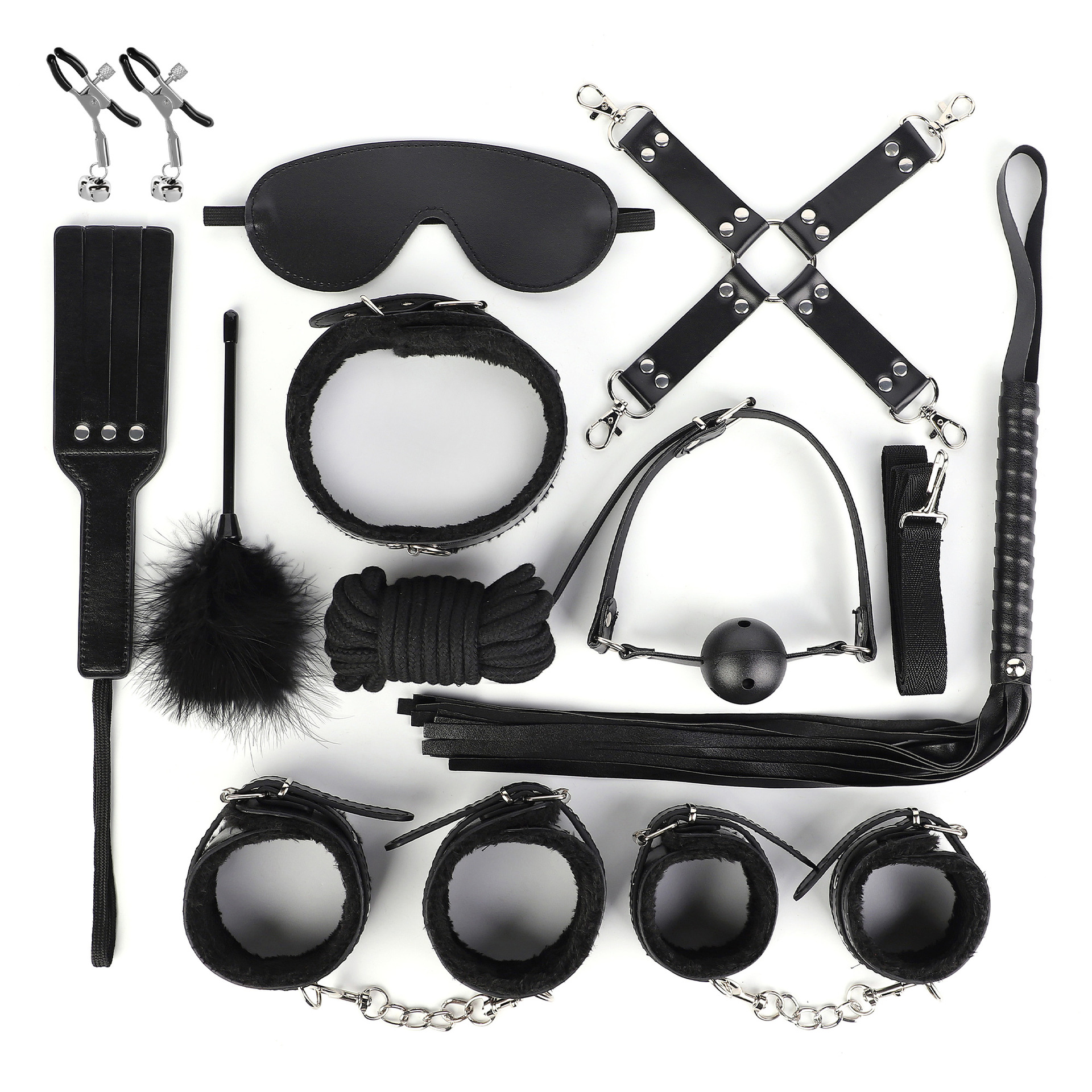 11 PCS Sex Bondage BDSM Restraints Kits Fetish Handcuffs Ankle Cuff Collar Blindfold Whip Rope Nipple Clamps Paddle Anal Toys Ball Gag Adult Games Foreplay Sexy Toys for Couples (Black)