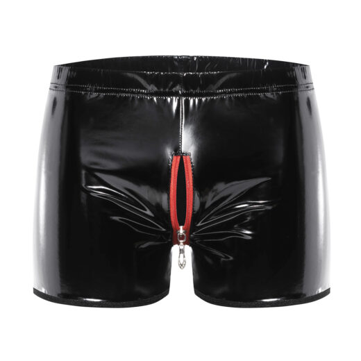 Men's Wetlook PVC Boxer Shorts with Front Zipper
