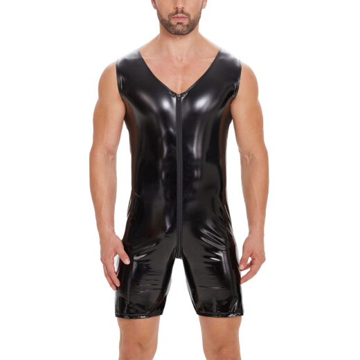 Men's Wetlook PU Bodysuit with Front Zipper