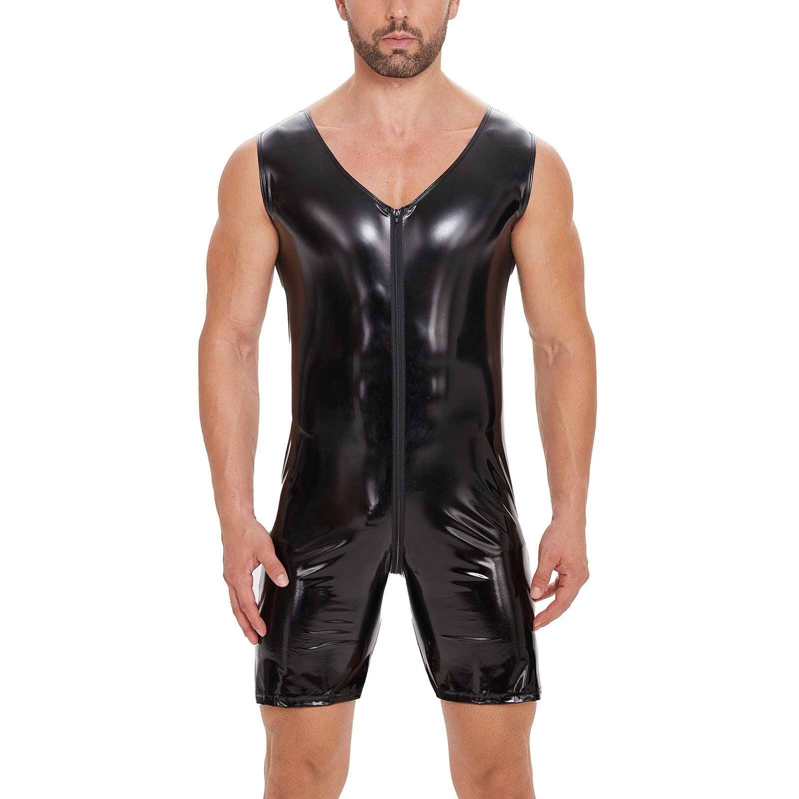 Men's Wetlook PU Bodysuit with Front Zipper