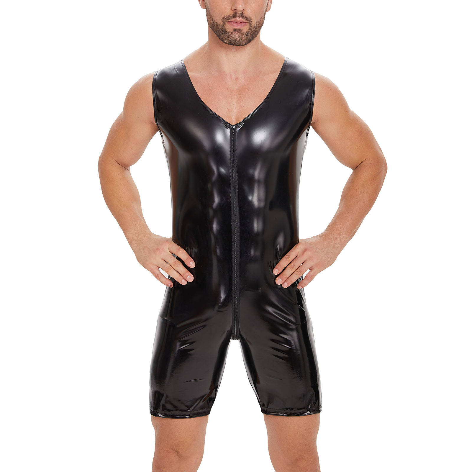 Men's Wetlook PU Bodysuit with Front Zipper - Image 3