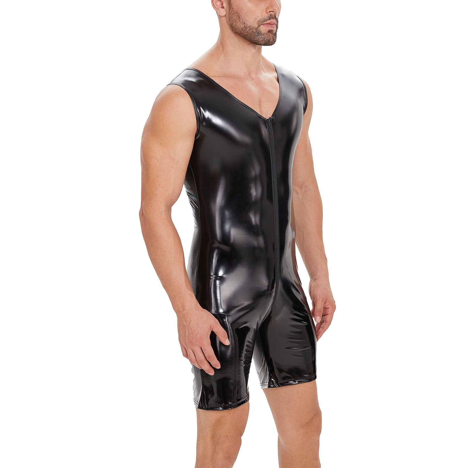 Men's Wetlook PU Bodysuit with Front Zipper - Image 4