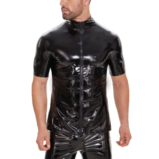 Men Shiny PVC Short Sleeve Zip Up Top