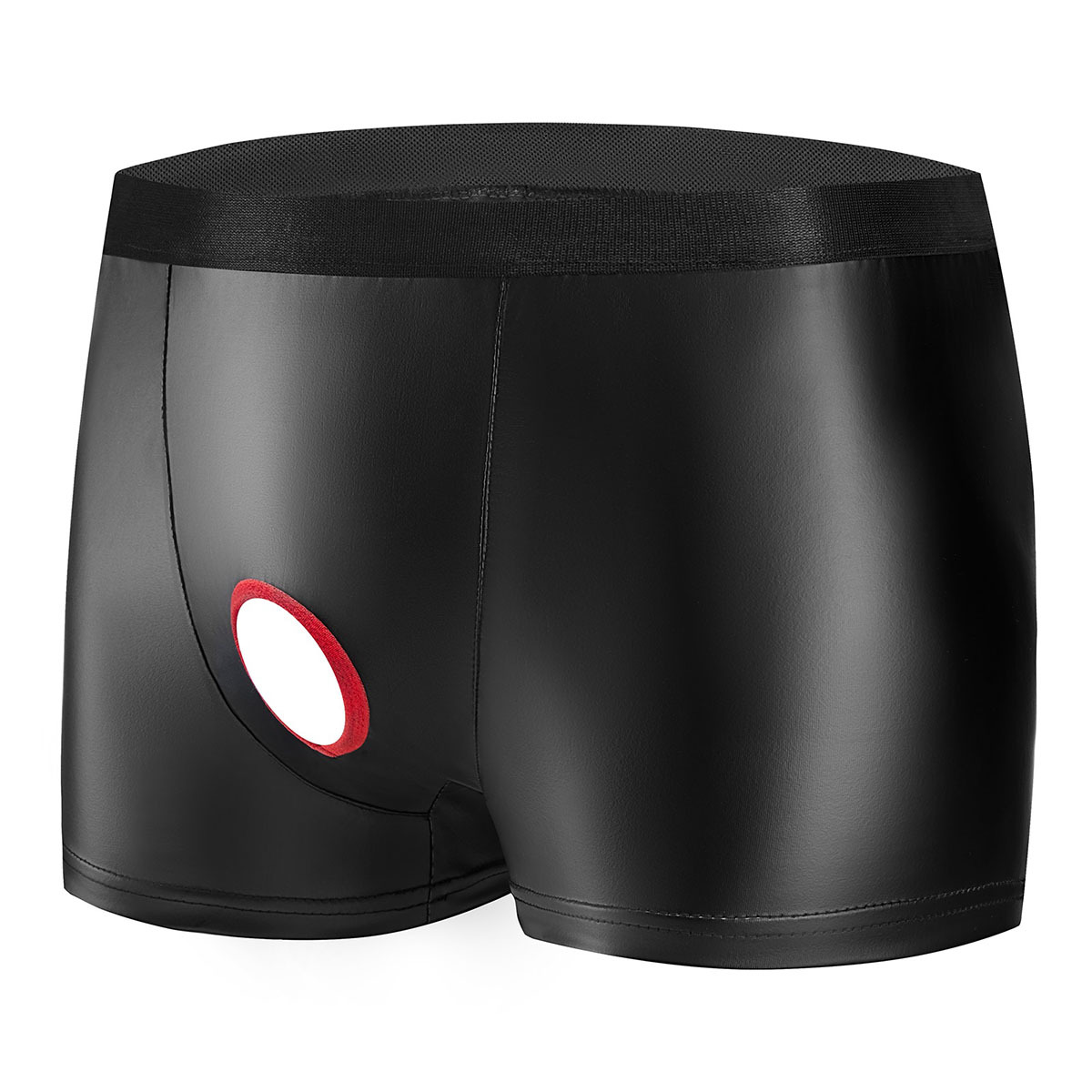 Men's Matte Faux Leather Boxer Briefs, Red Trim Hole Design Sexy Leather Shorts - Image 3
