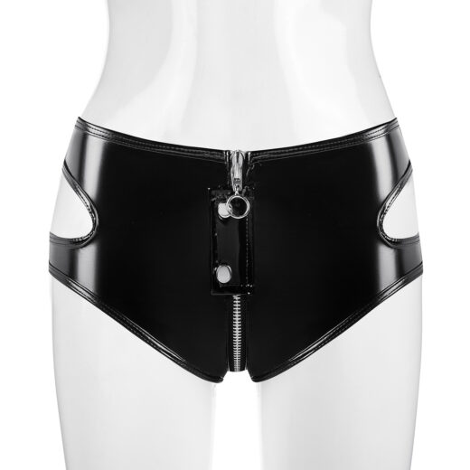 Women Wetlook PVC Cutout Shorts with Front Zipper
