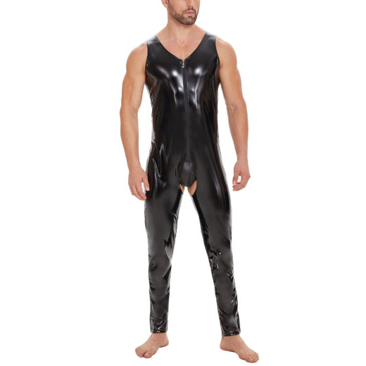 Men Shiny PVC Sleeveless Open Crotch Catsuit