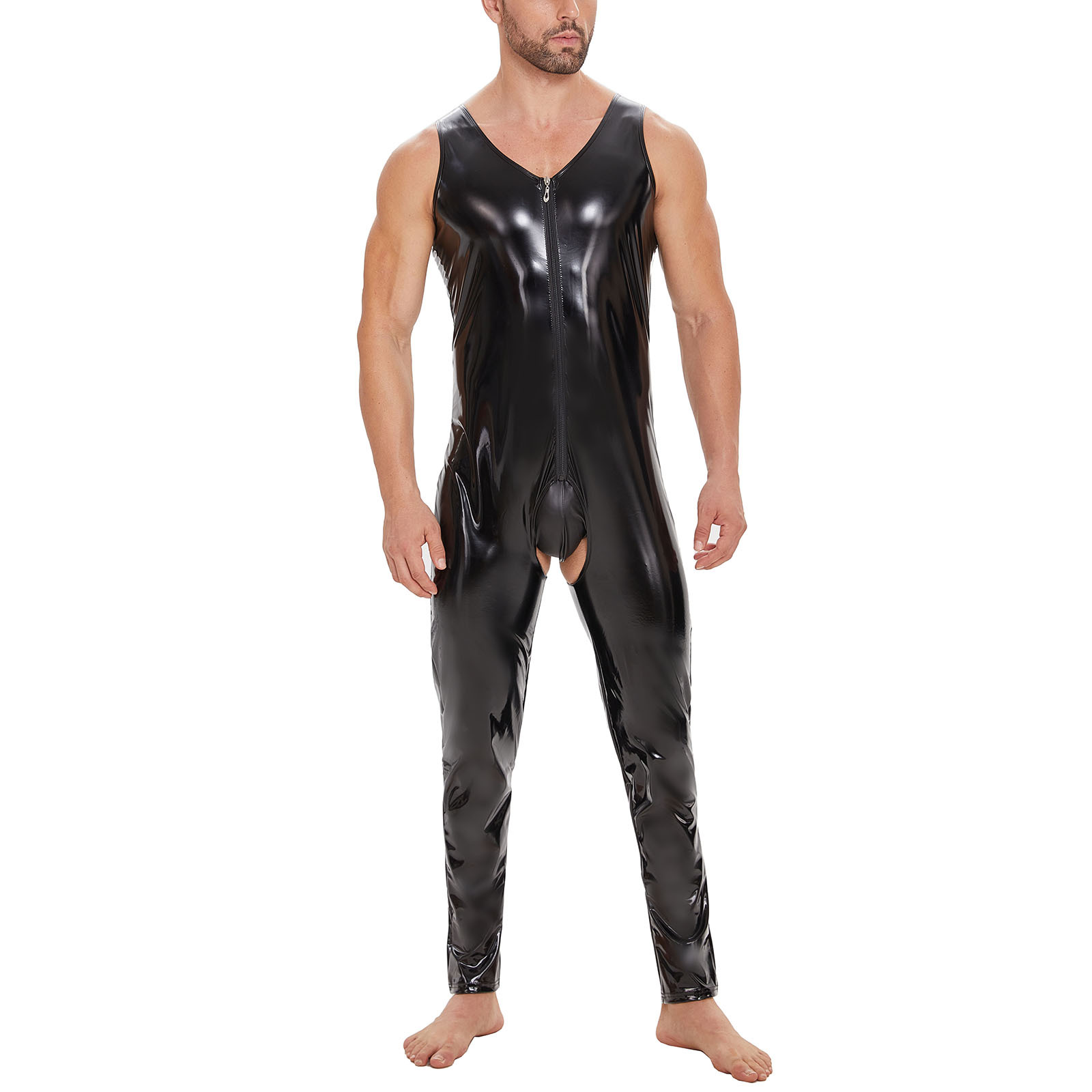 Men Shiny PVC Sleeveless Open Crotch Catsuit