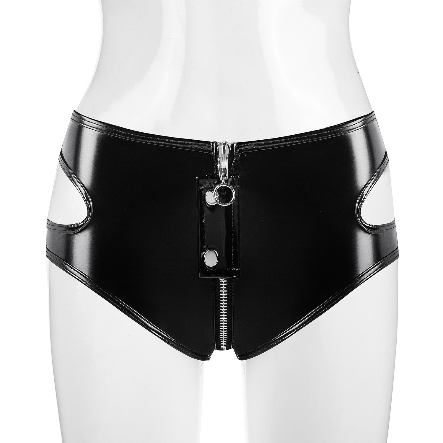 Women Wetlook PVC Cutout Shorts with Front Zipper