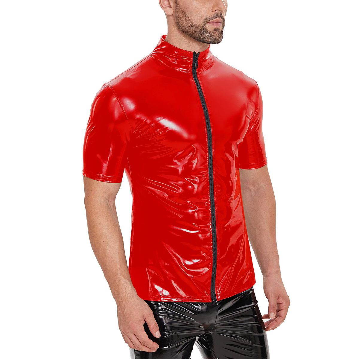 Men Shiny PVC Short Sleeve Zip Up Top - Image 2