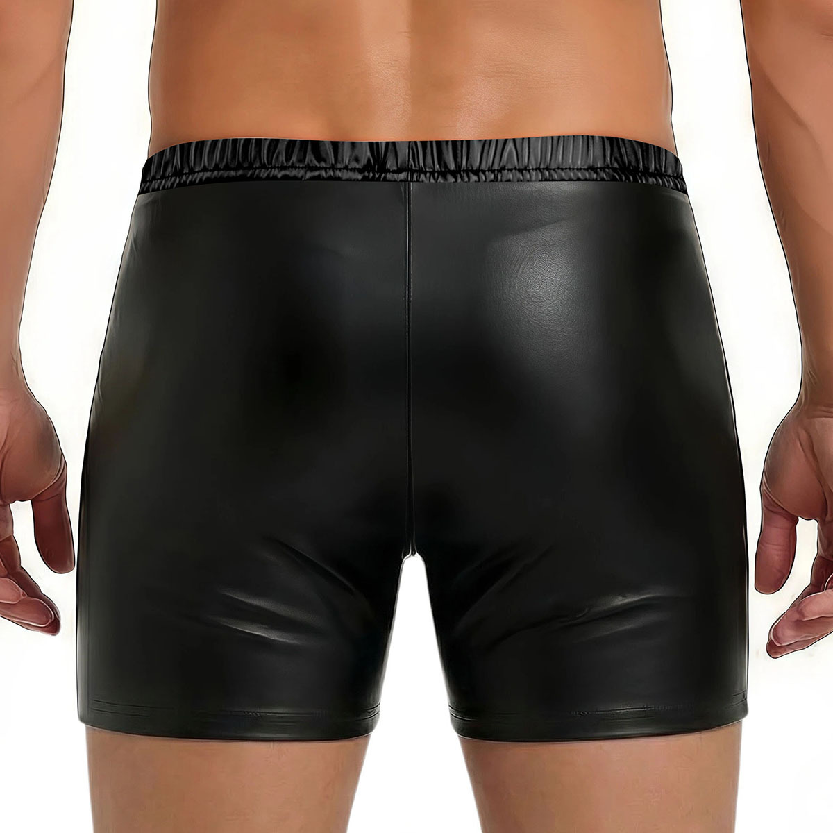 Men's Soft Matte Faux Leather Shorts, Elastic Waist Slim Fit Mid Thigh 3/4 Shorts - Image 2