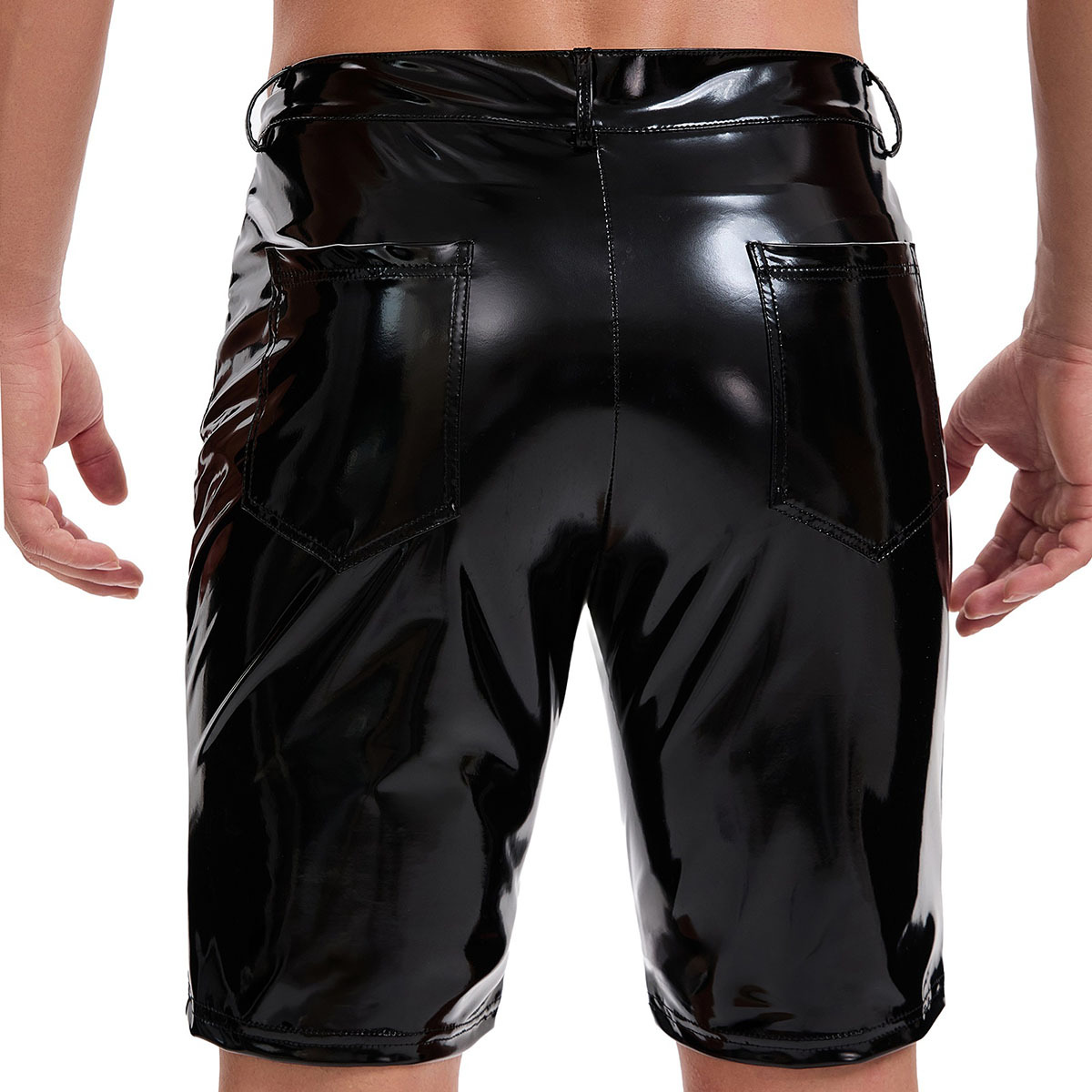 Men's Glossy PVC Shorts, Button Fly Open Crotch Shorts with Pockets - Image 2