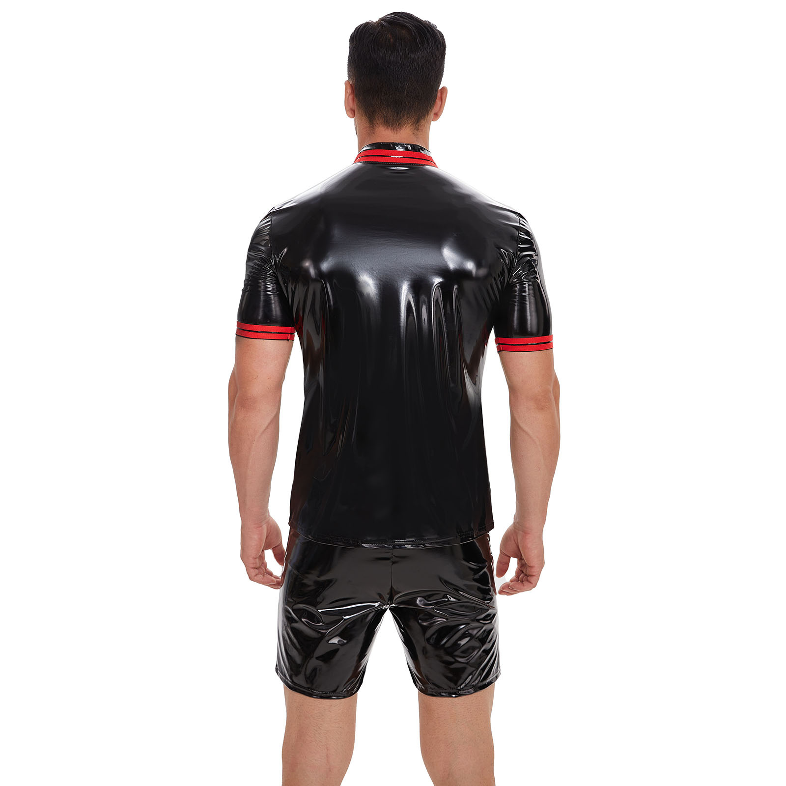 Men's Glossy PU Short Sleeve Shirt, Red Trim Stand Collar Slim Fit Shiny Top - Image 3