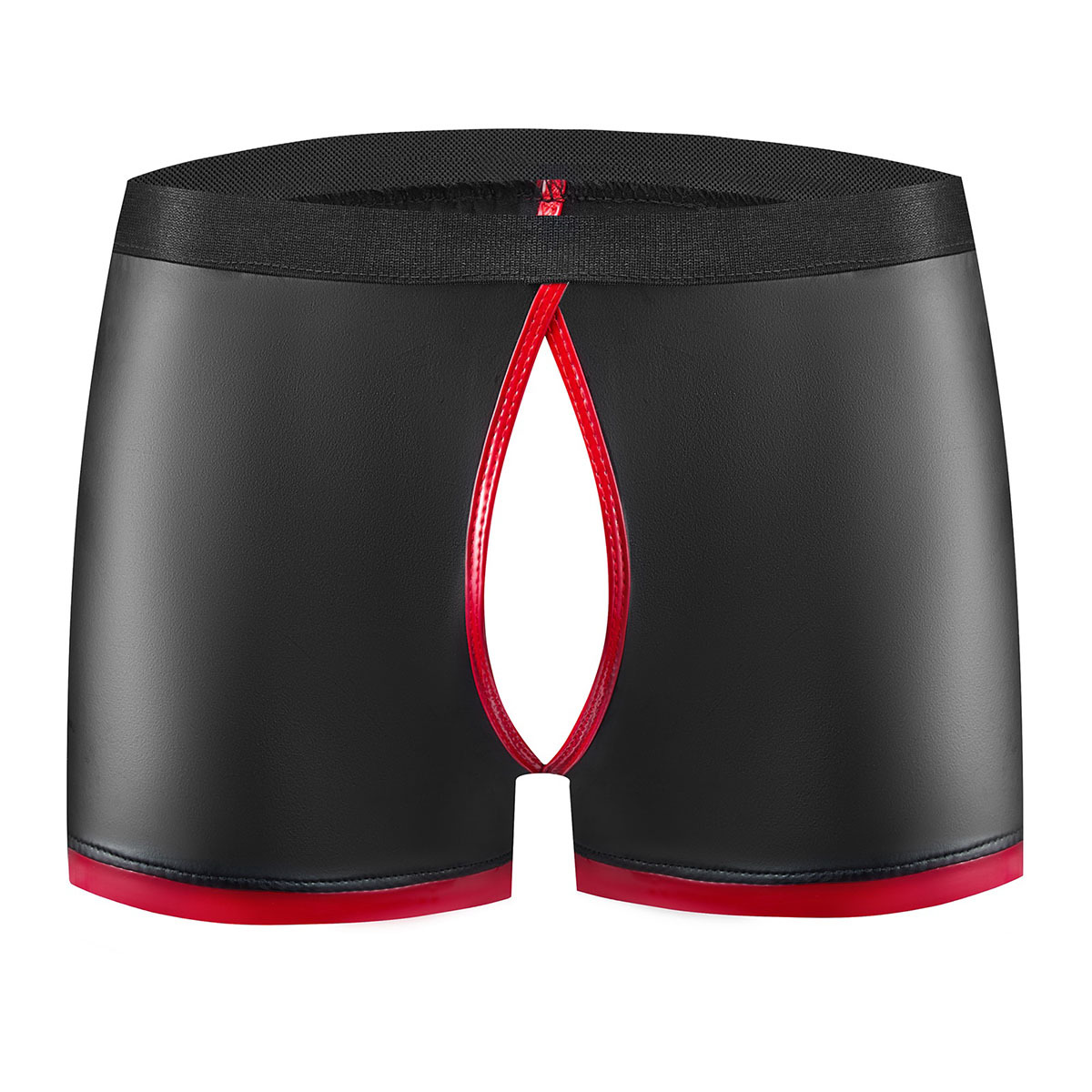 Men's Matte Faux Leather Boxer Briefs, Red Trim Color Block Sexy Leather Shorts - Image 2