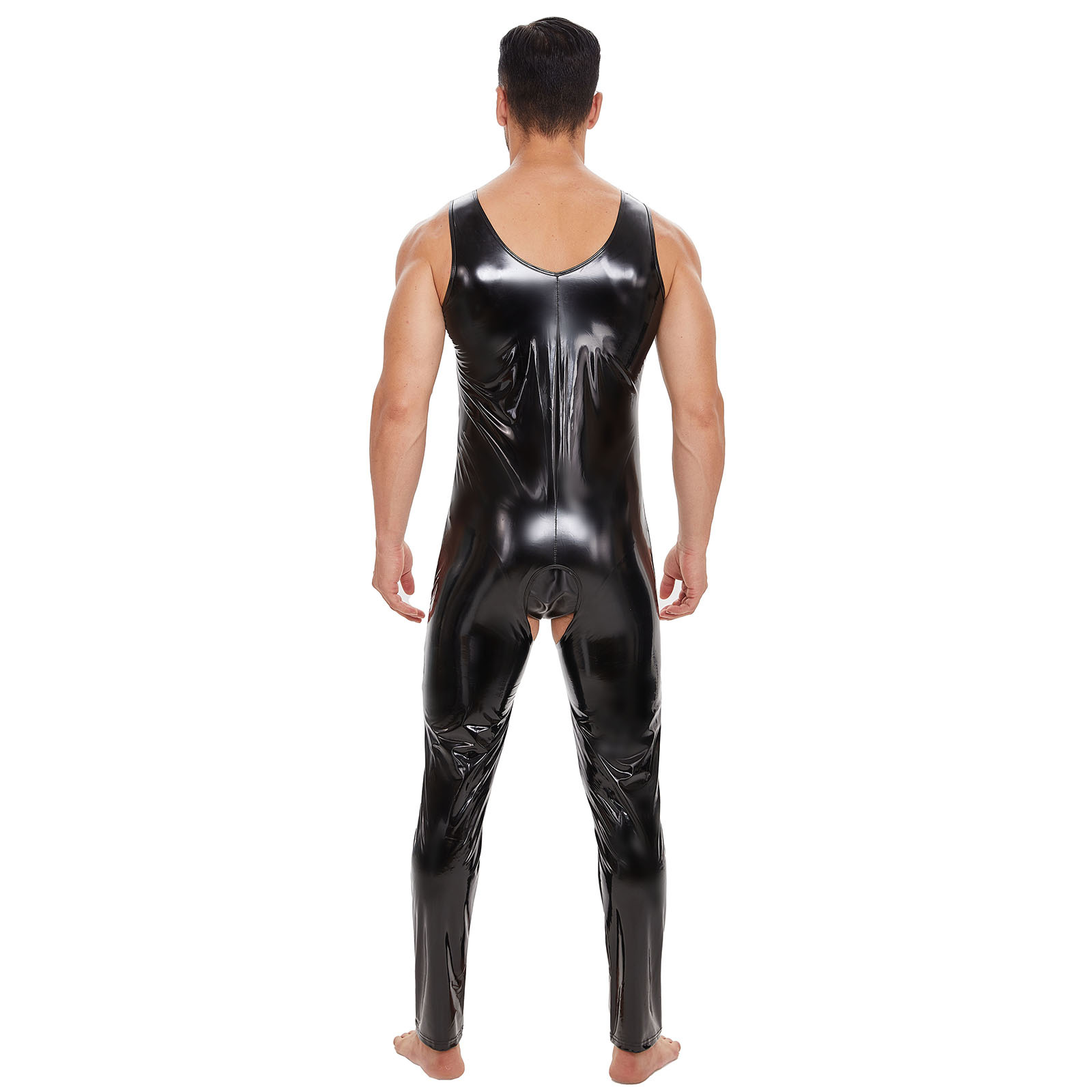 Men Shiny PVC Sleeveless Open Crotch Catsuit - Image 2