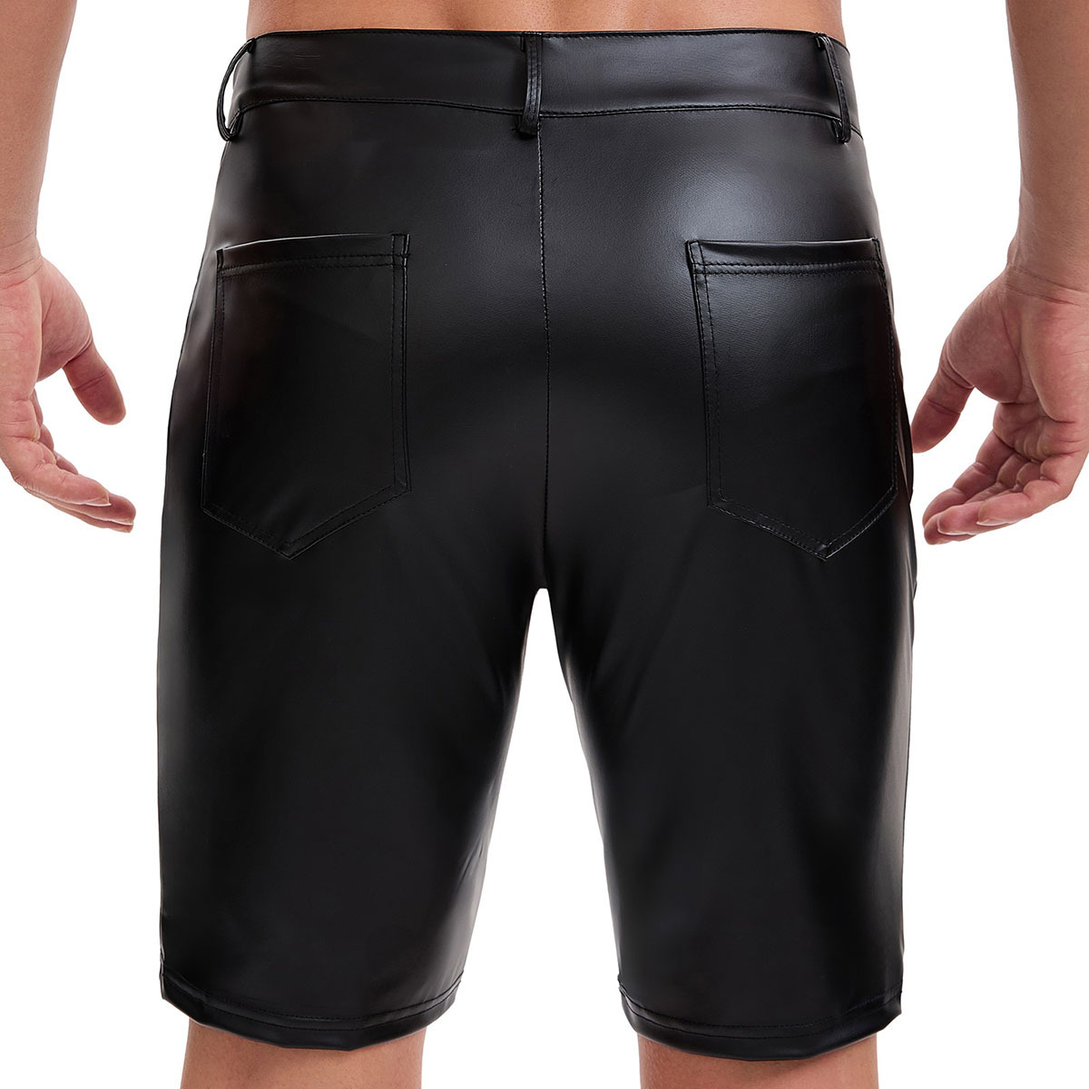 Men's Matte Faux Leather Knee Length Shorts, Button Fly Open Crotch Design Leather Shorts - Image 3