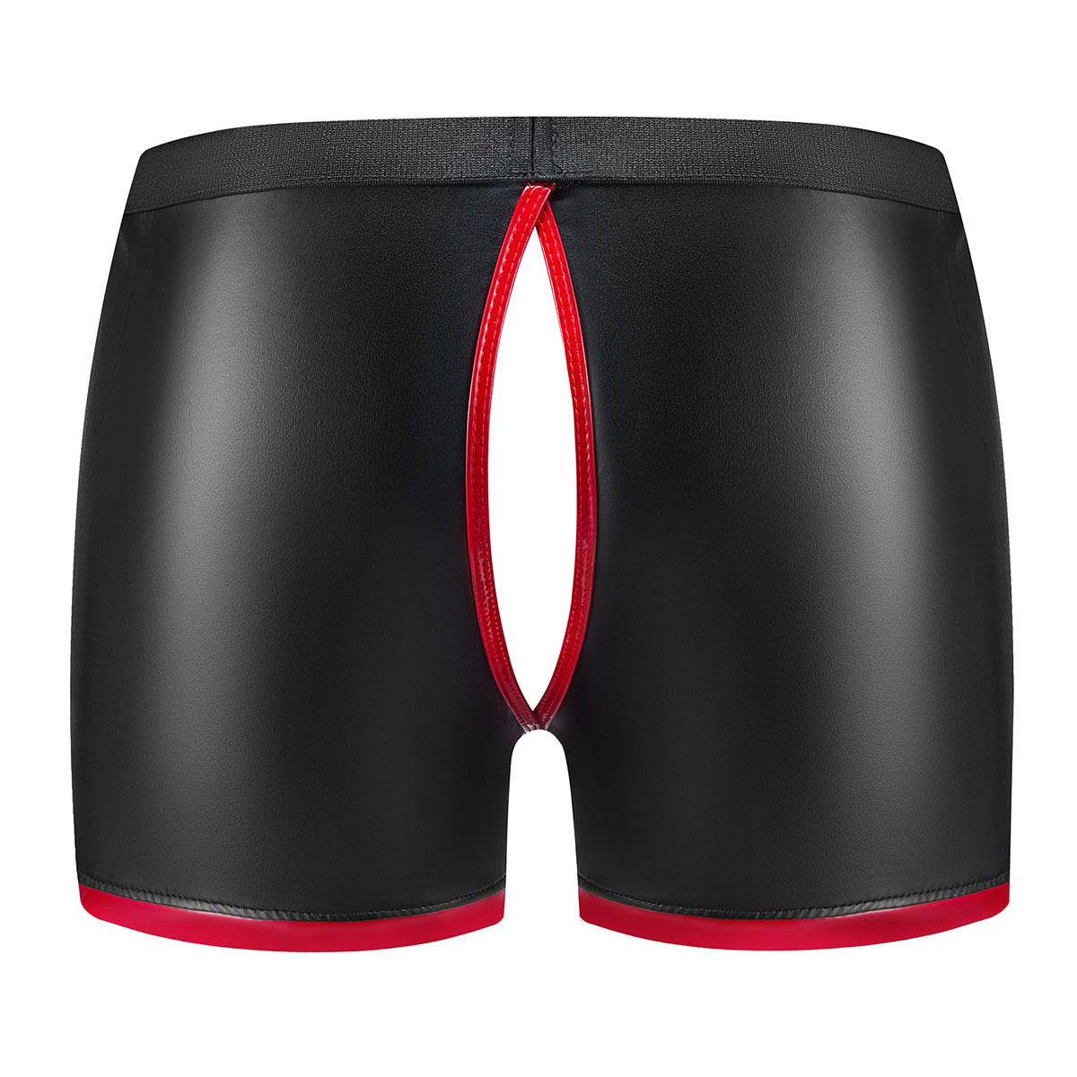 Men's Matte Faux Leather Boxer Briefs, Red Trim Color Block Sexy Leather Shorts - Image 3