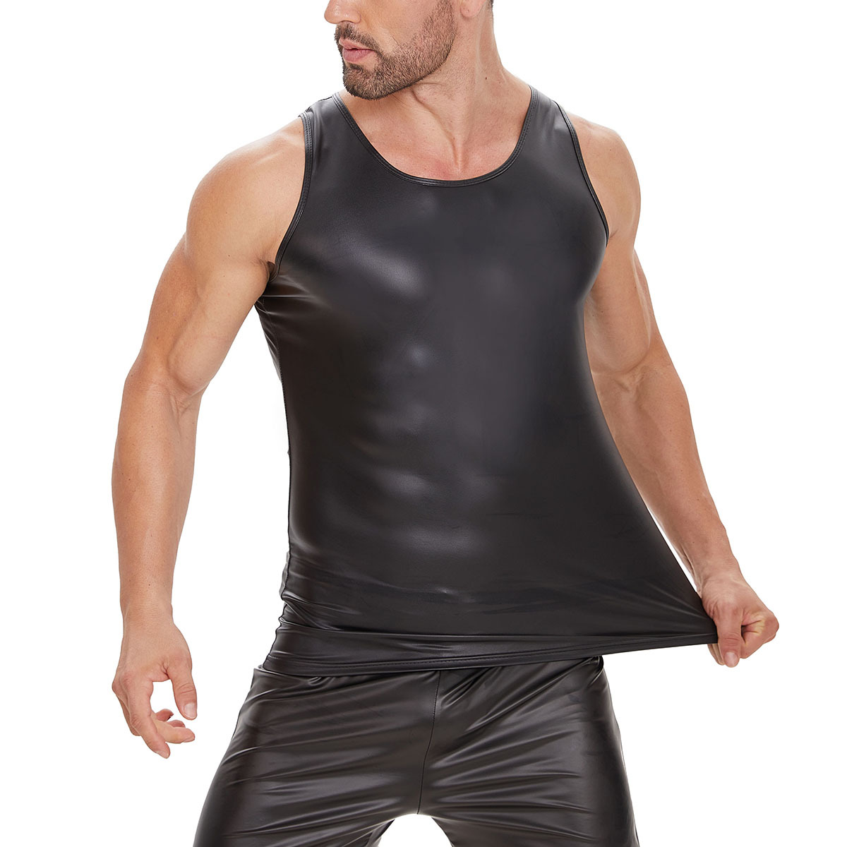 Men Shiny PU Sleeveless Tank Top Wetlook Vest - Image 3