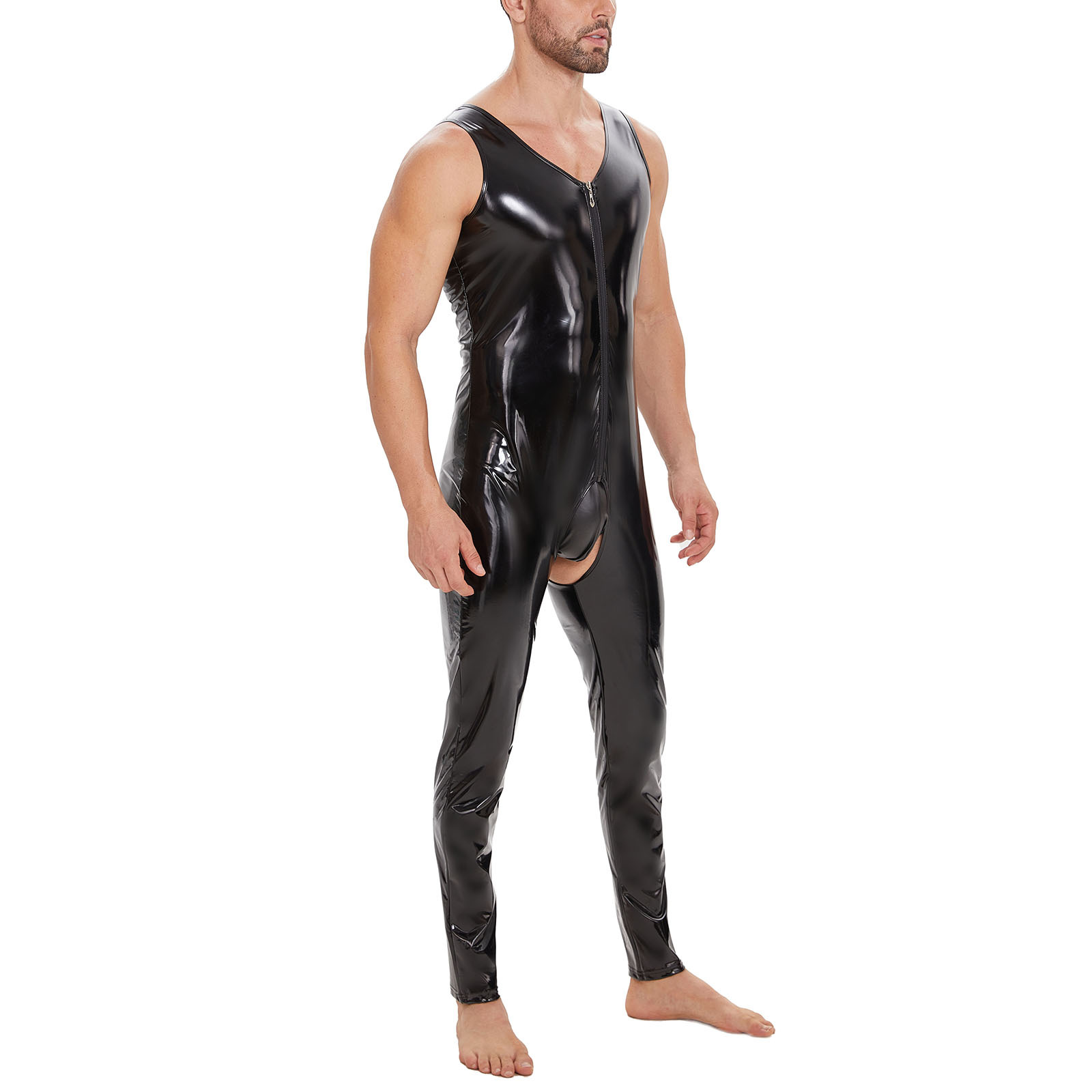 Men Shiny PVC Sleeveless Open Crotch Catsuit - Image 3