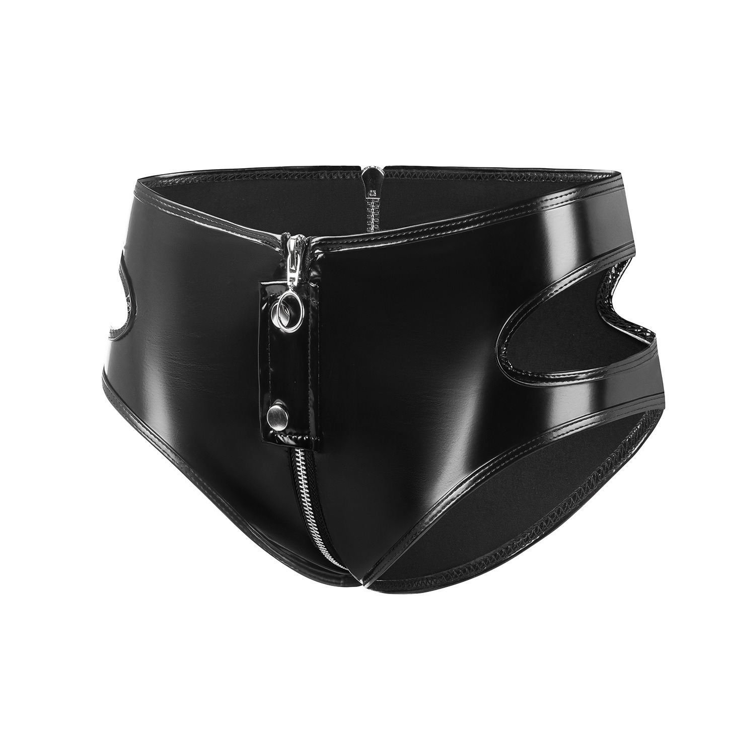 Women Wetlook PVC Cutout Shorts with Front Zipper - Image 3