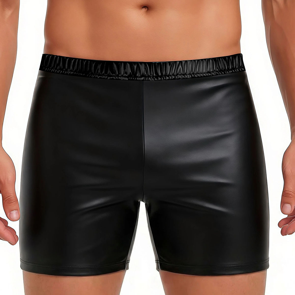 Men's Soft Matte Faux Leather Shorts, Elastic Waist Slim Fit Mid Thigh 3/4 Shorts - Image 4