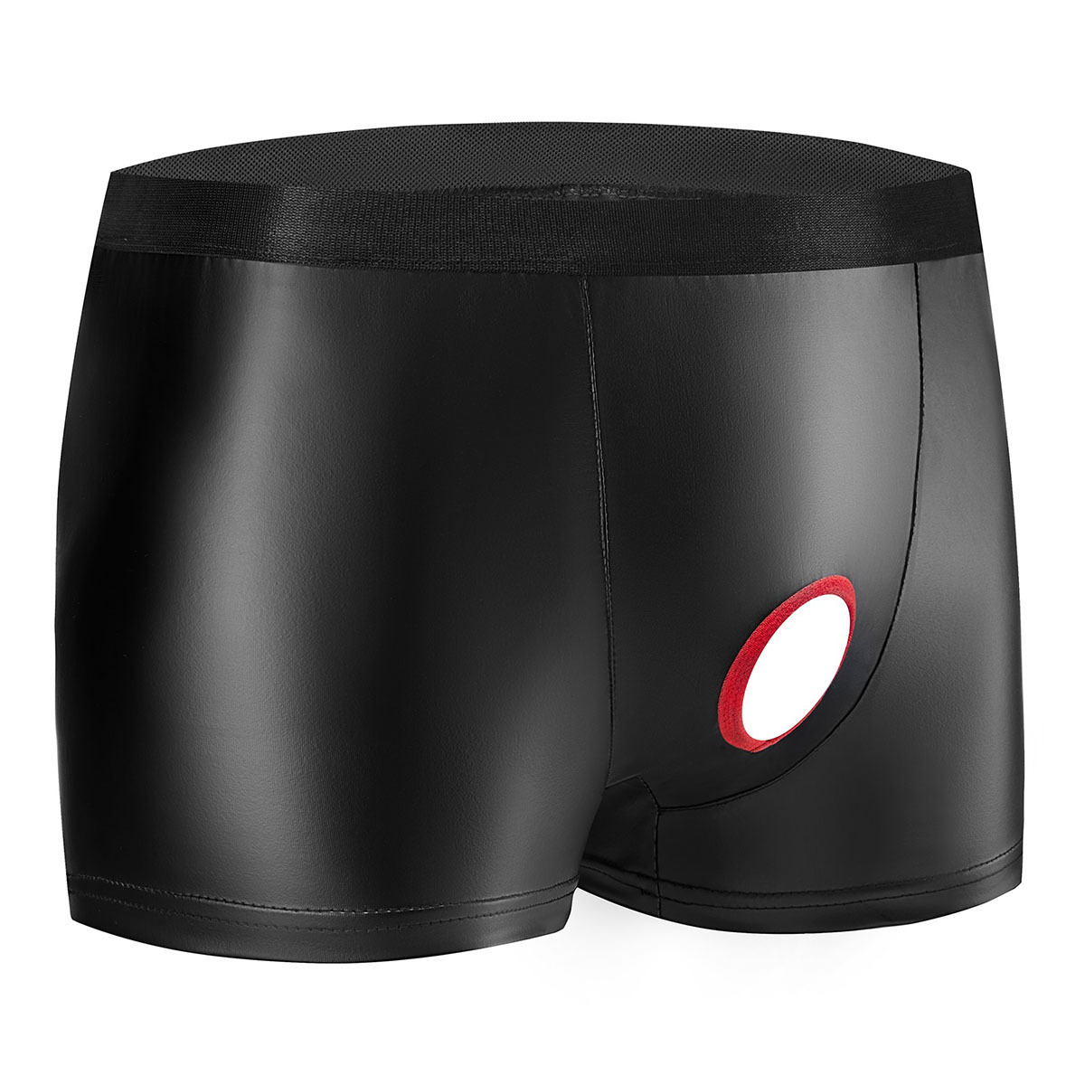 Men's Matte Faux Leather Boxer Briefs, Red Trim Hole Design Sexy Leather Shorts - Image 4