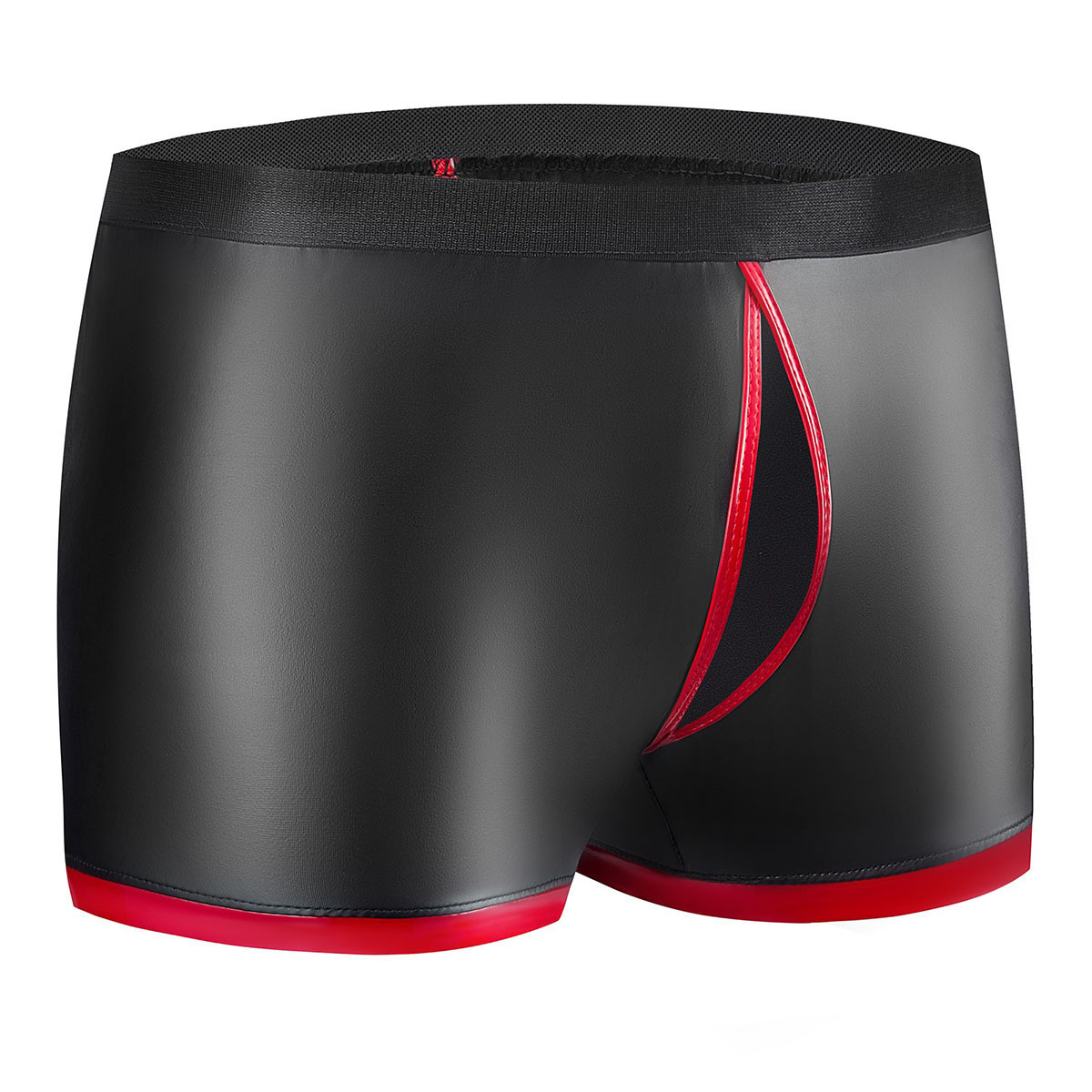 Men's Matte Faux Leather Boxer Briefs, Red Trim Color Block Sexy Leather Shorts - Image 4