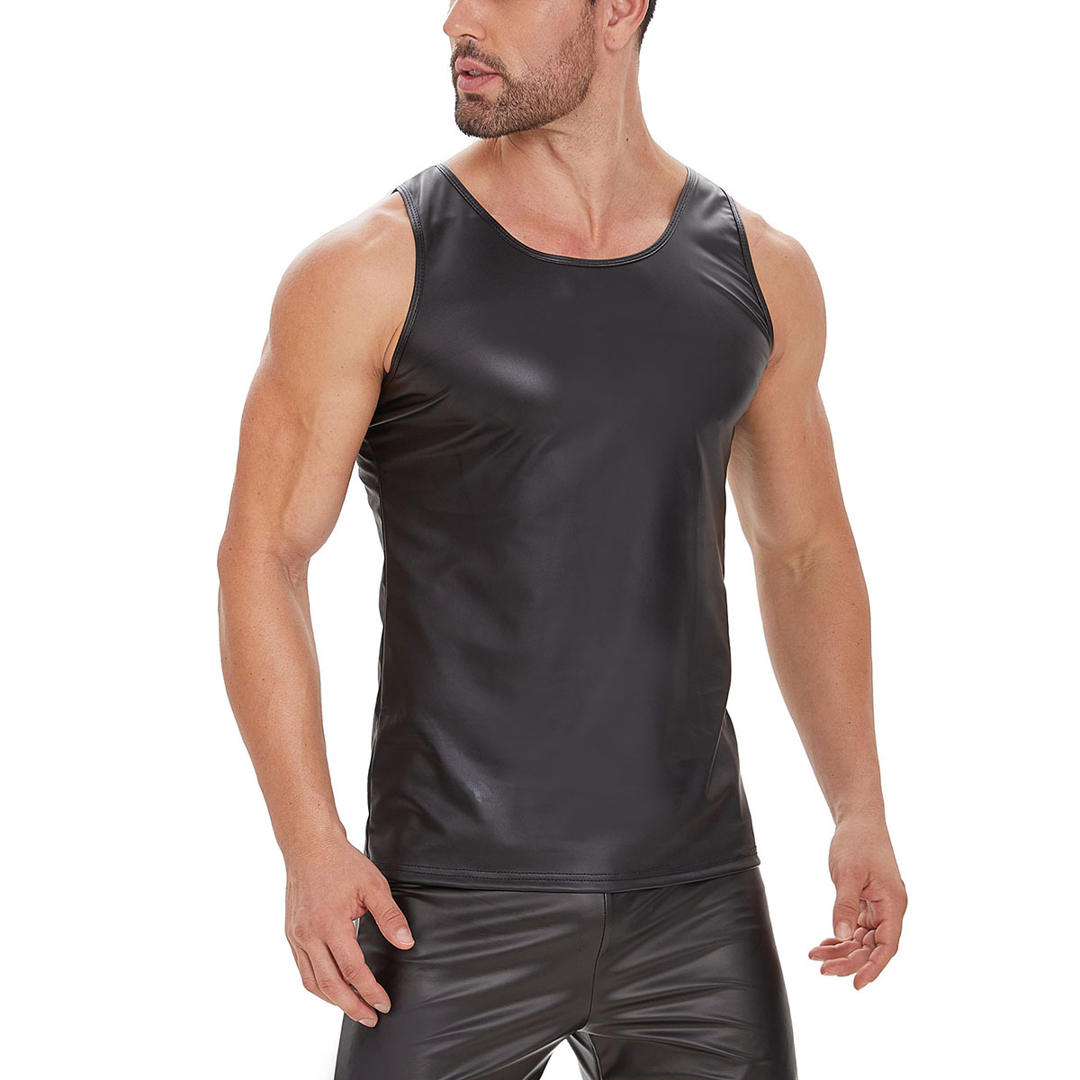 Men Shiny PU Sleeveless Tank Top Wetlook Vest - Image 4