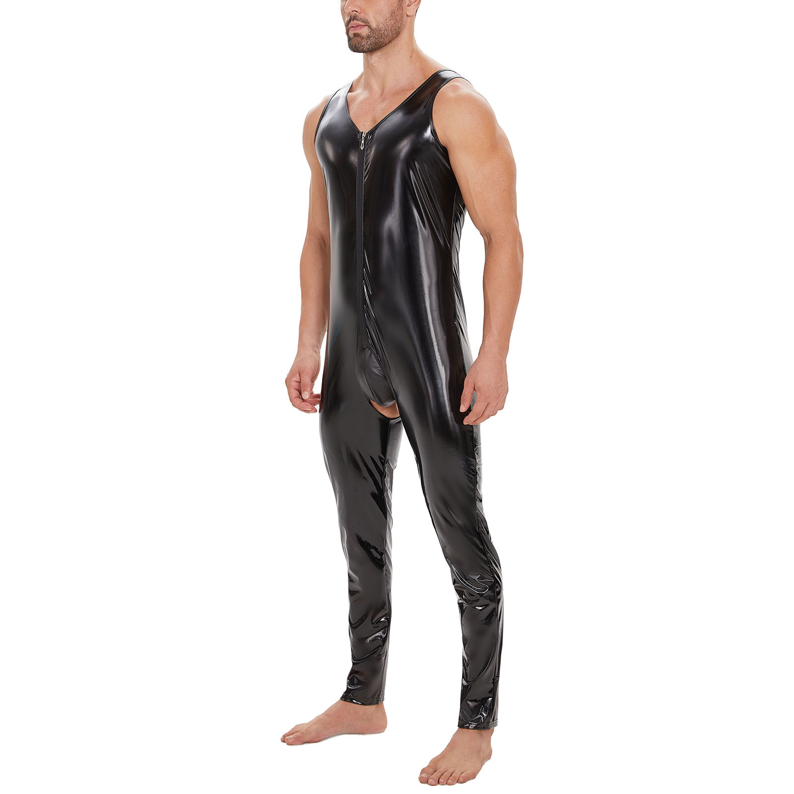 Men Shiny PVC Sleeveless Open Crotch Catsuit - Image 4