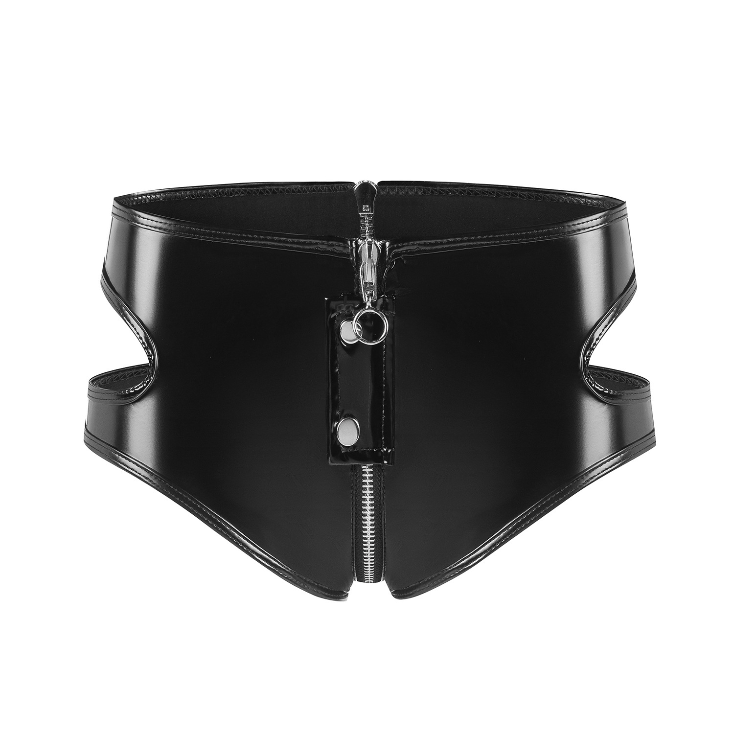 Women Wetlook PVC Cutout Shorts with Front Zipper - Image 2