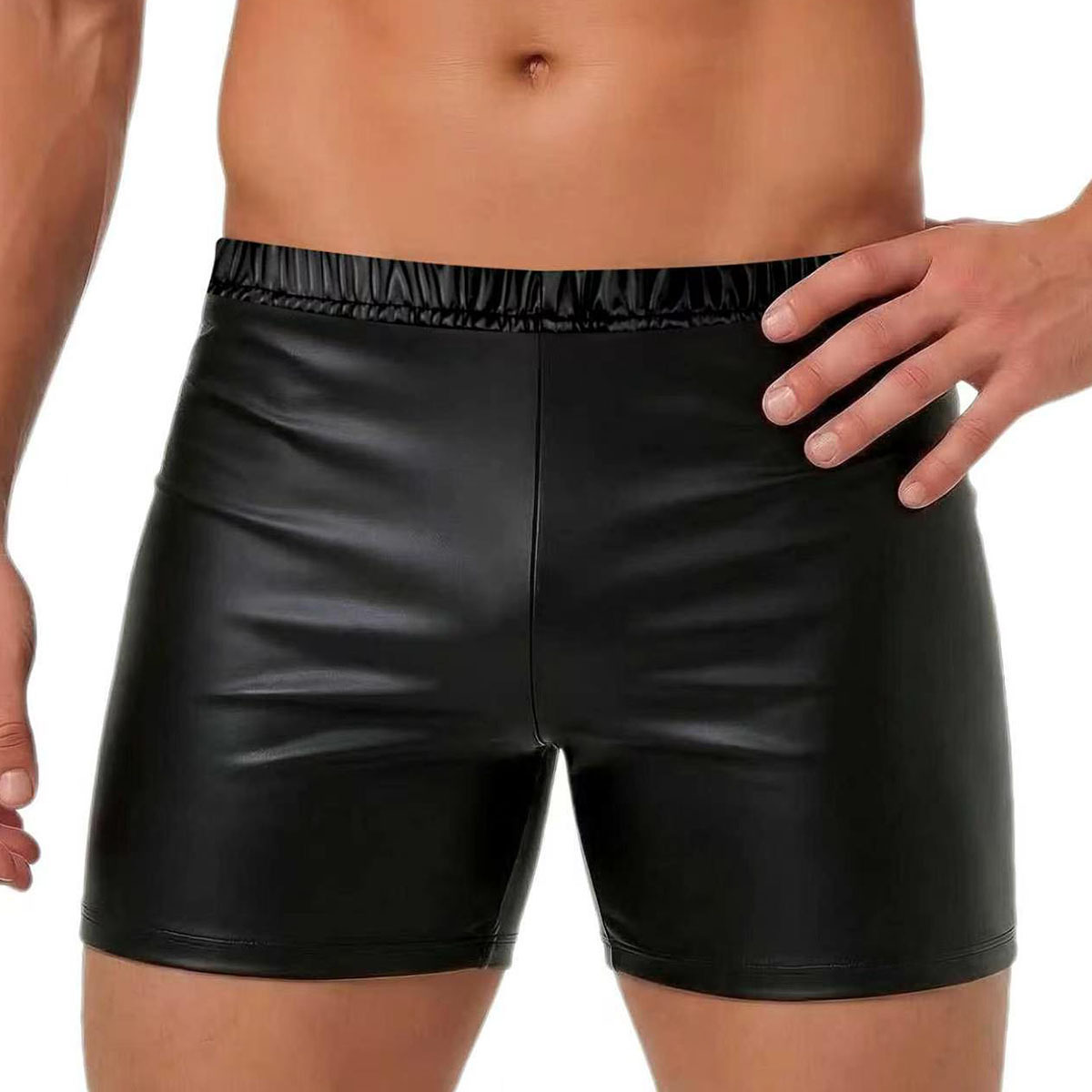 Men's Soft Matte Faux Leather Shorts, Elastic Waist Slim Fit Mid Thigh 3/4 Shorts - Image 5