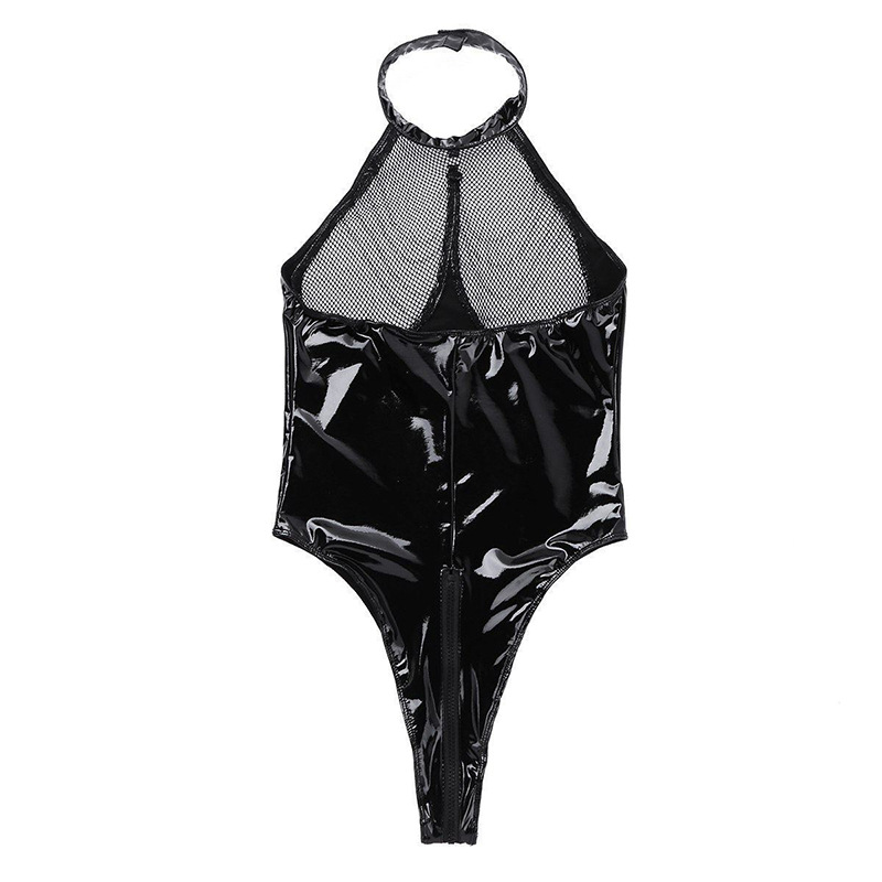 Women Wetlook PU Fishnet Cutout Bodysuit with Chain Decor & Crotch Zipper - Image 3