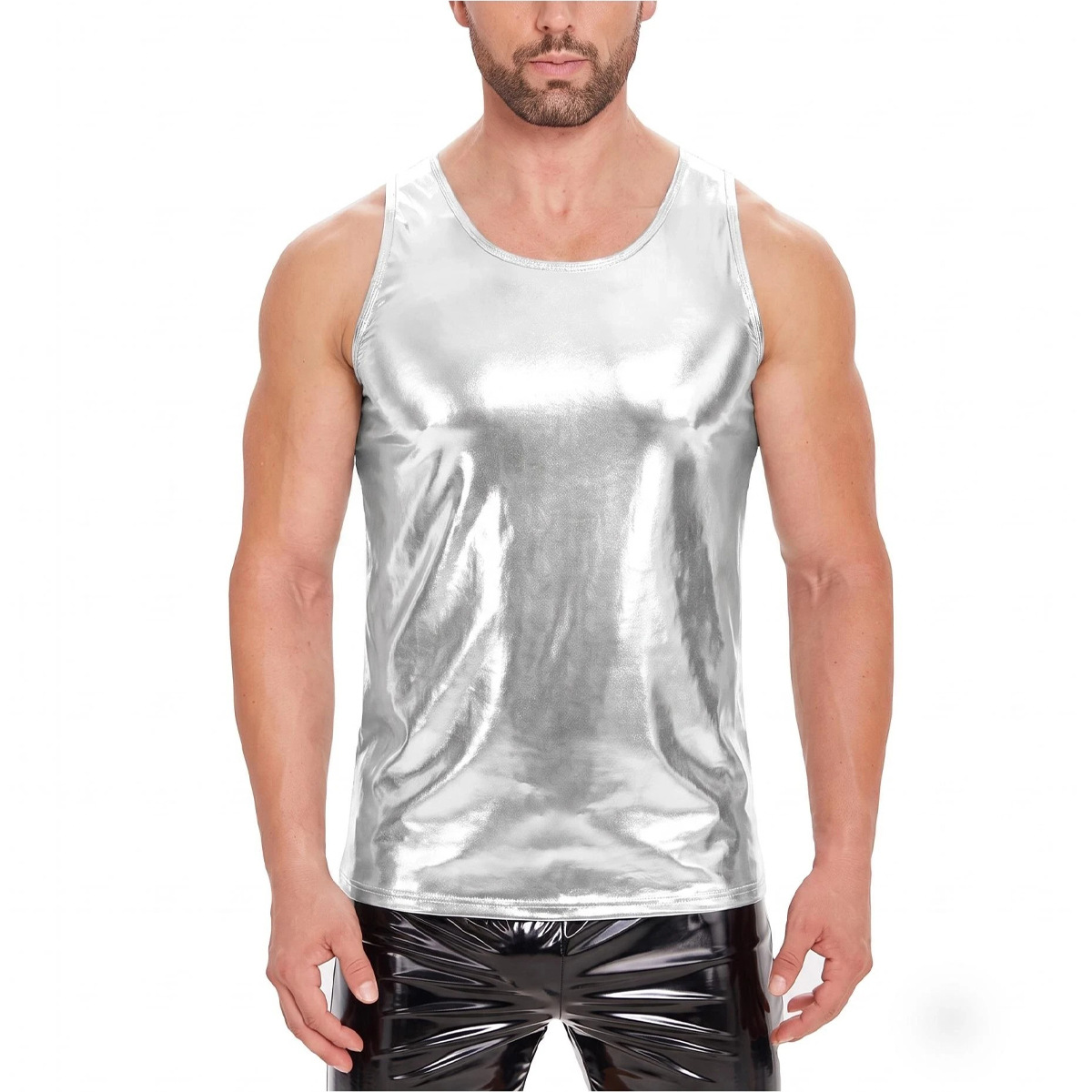 Men Shiny PU Sleeveless Tank Top Wetlook Vest - Image 5