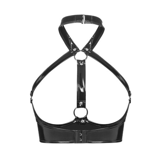 Women Wetlook PVC Cutout Bra Top with O-Ring Harness Detail