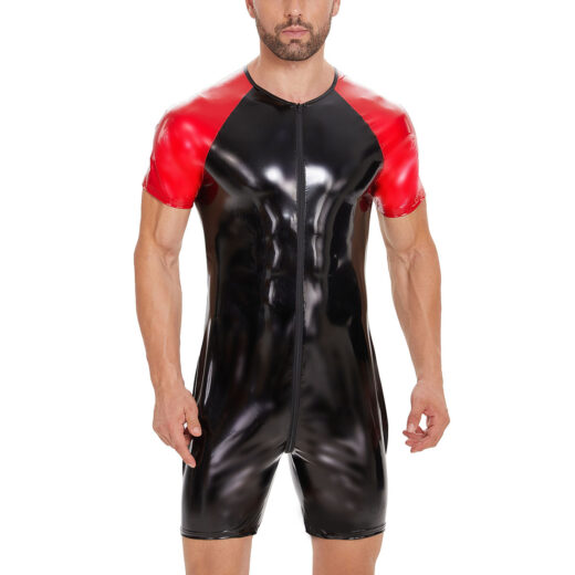 Men PVC Shiny Short Sleeve Bodysuit, Zipper Front Catsuit