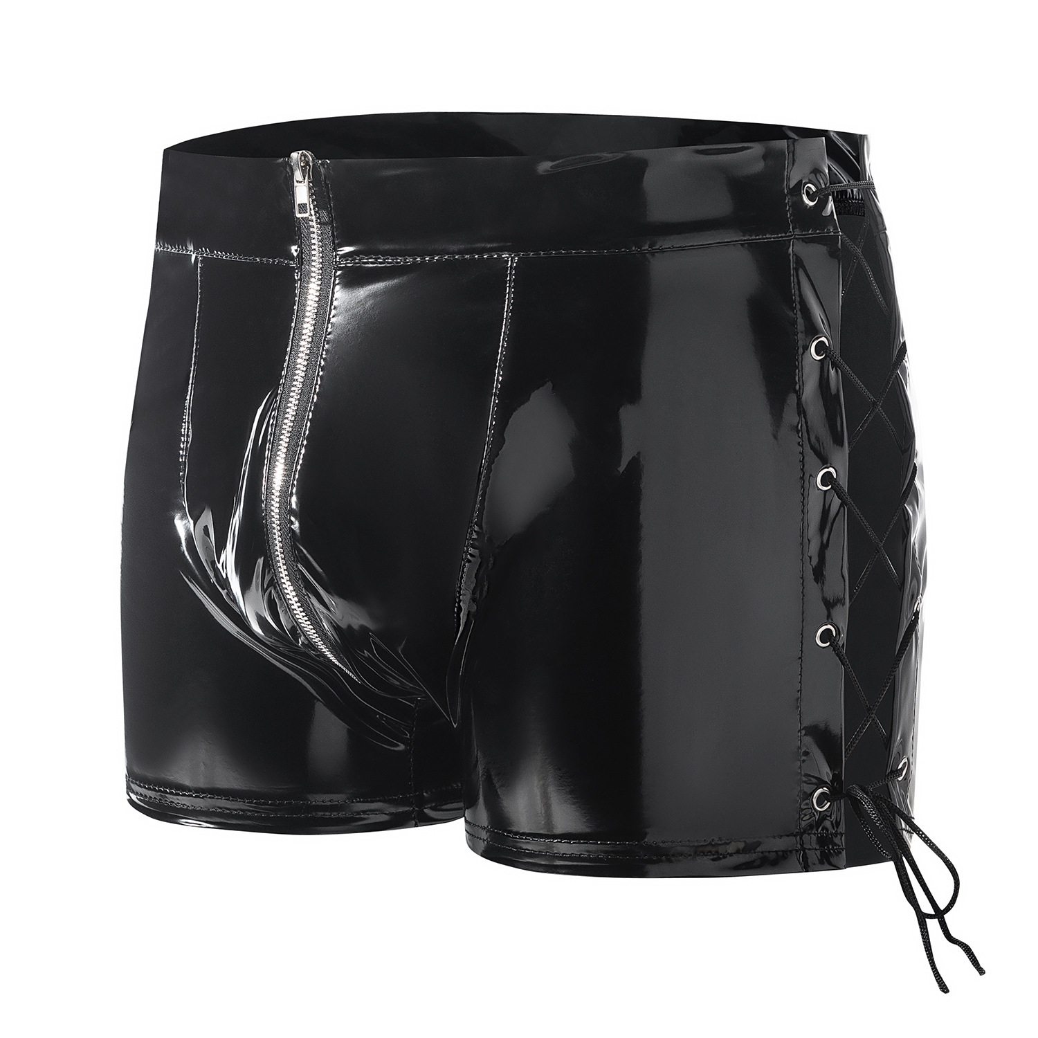 Men Shiny PVC Lace-up Side Shorts with Zipper - Image 2
