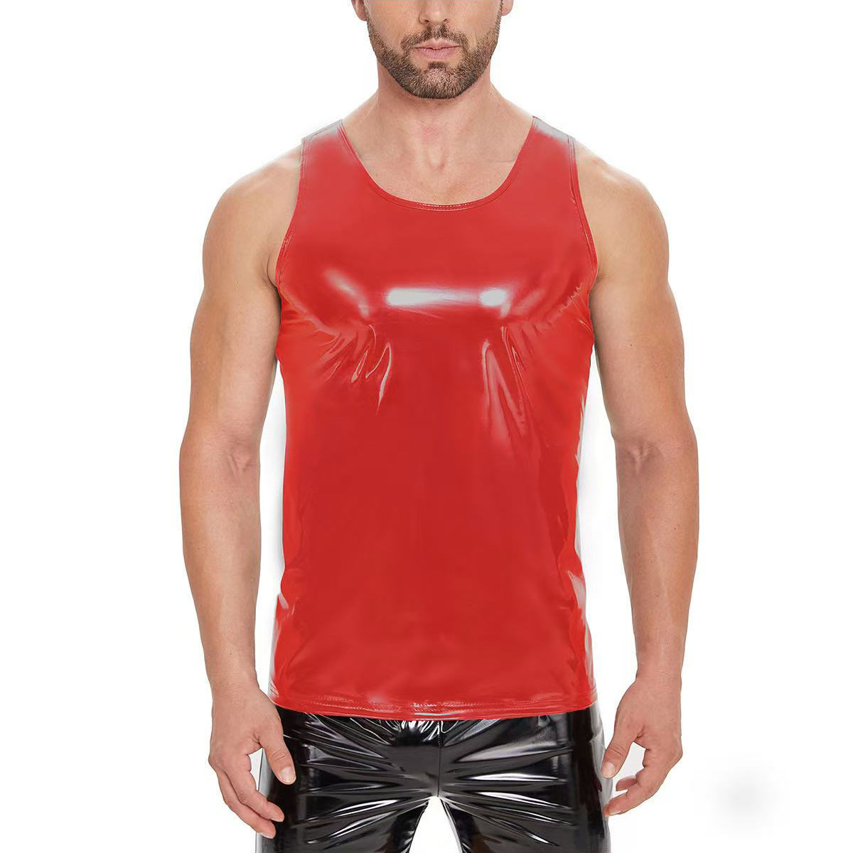 Men Shiny PVC Sleeveless Tank Top Wetlook Vest - Image 5