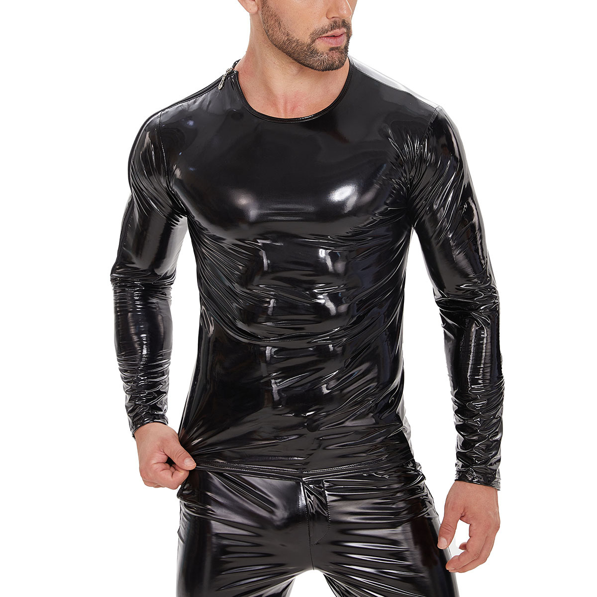 Men Shiny PVC Long Sleeve Top with Shoulder Zipper