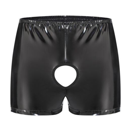 Men Shiny PVC Boxer Shorts with Open Crotch