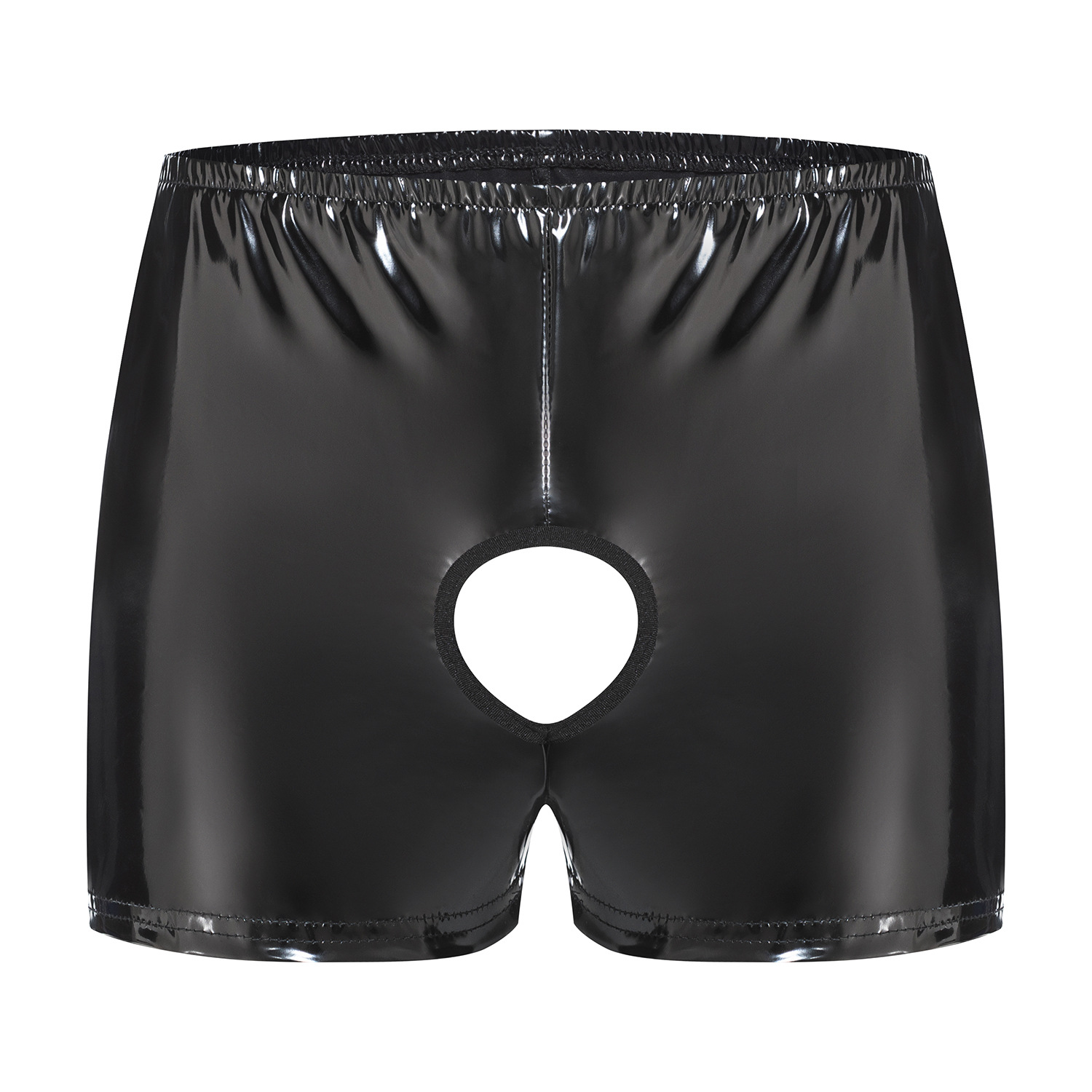 Men Shiny PVC Boxer Shorts with Open Crotch