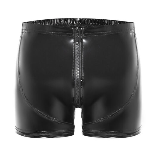 Men Shiny PU Boxer Shorts with Rear Zipper
