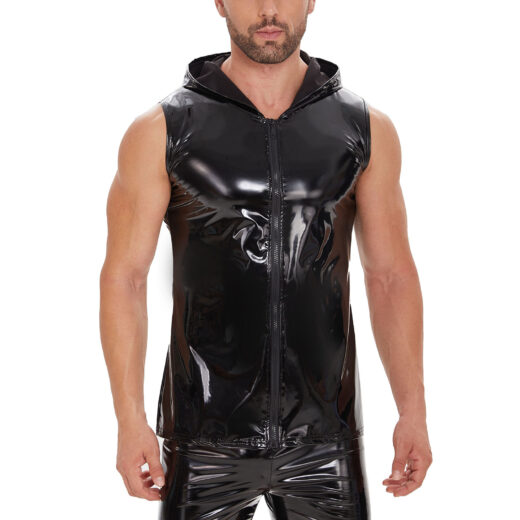 Men Shiny PU Hooded Sleeveless Vest