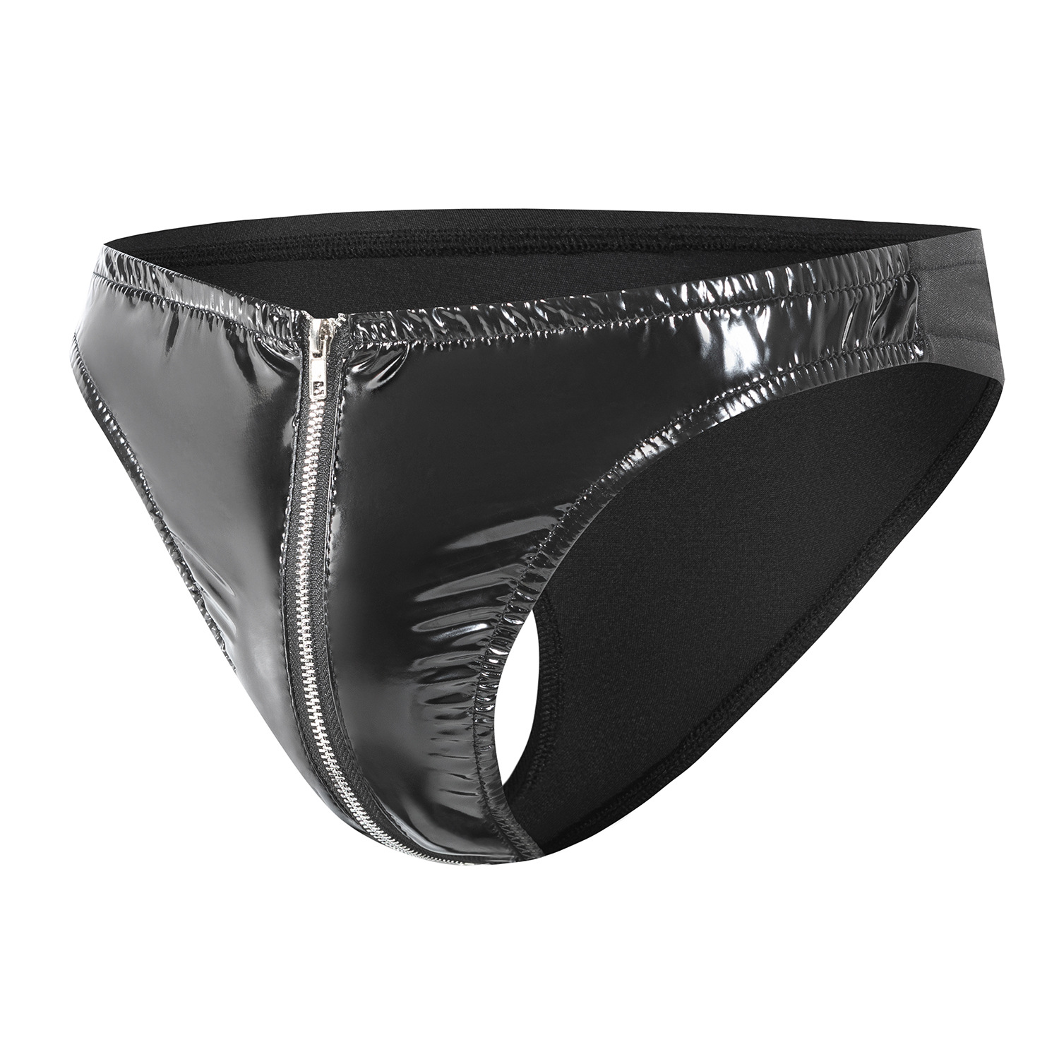 Men Shiny PVC Briefs with Side Zipper & Open Crotch