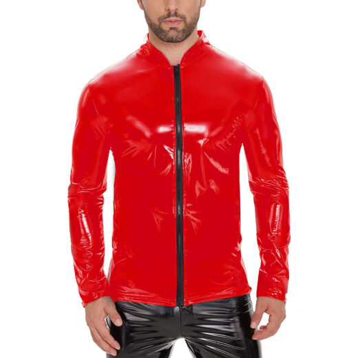 Men Shiny PU Long Sleeve Zip Stand Collar Jacket
