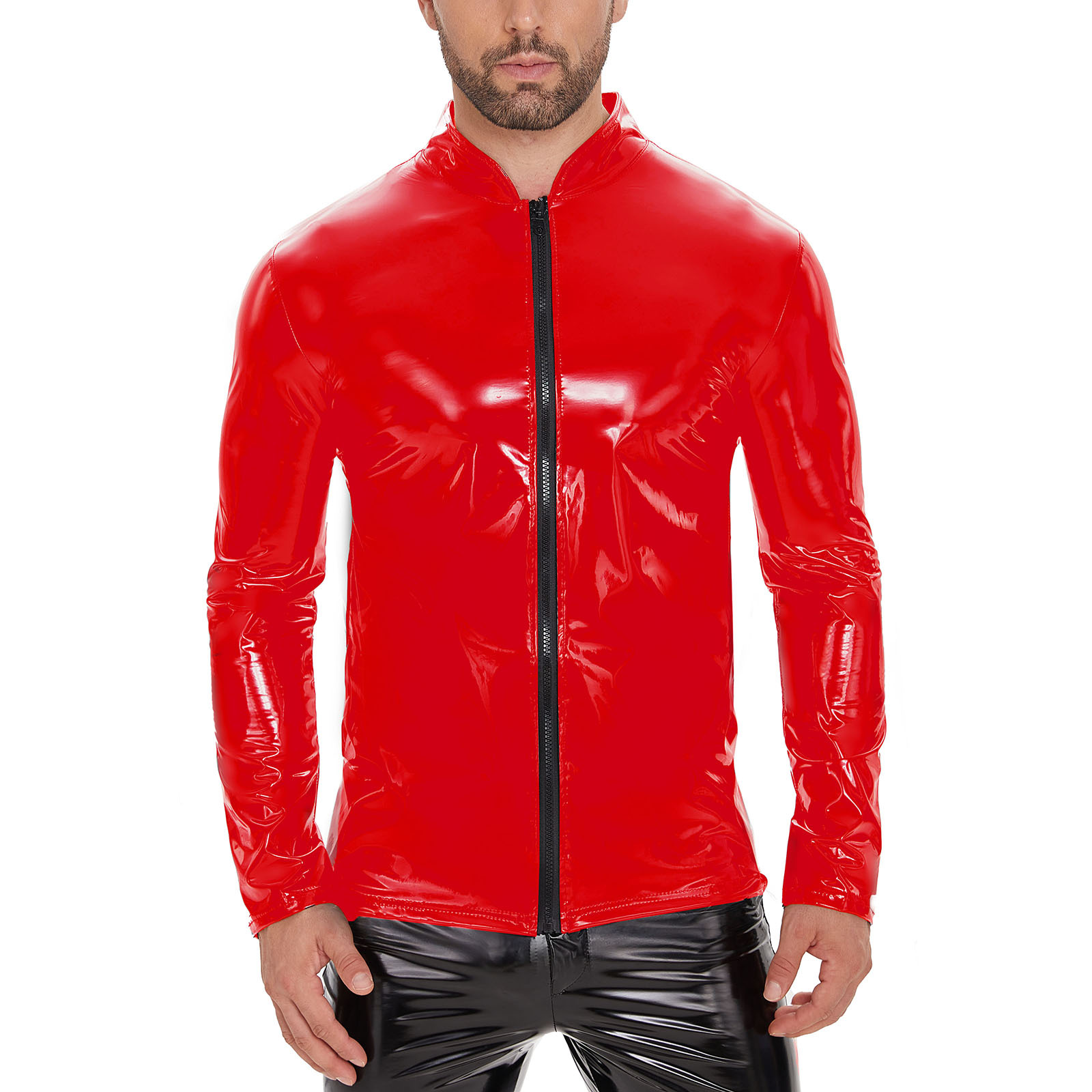 Men Shiny PU Long Sleeve Zip Stand Collar Jacket