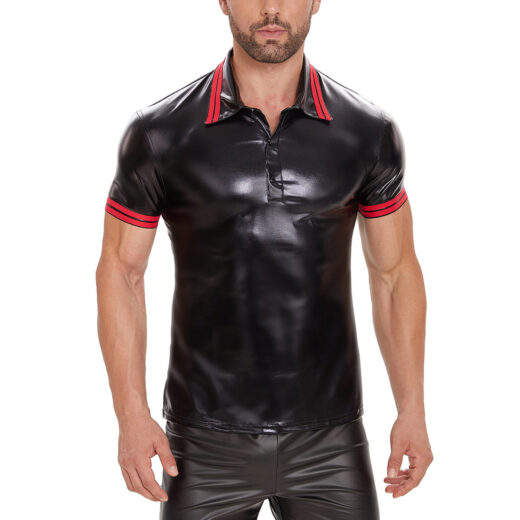 Men Matte PU Short Sleeve Polo Shirt with Red Striped Trim