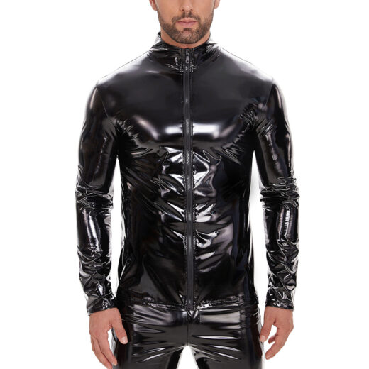 Men Wetlook PVC Long Sleeve Zip Front Top