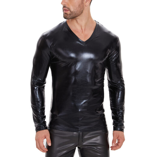 Men Shiny PU V-Neck Long Sleeve Wetlook T-Shirt