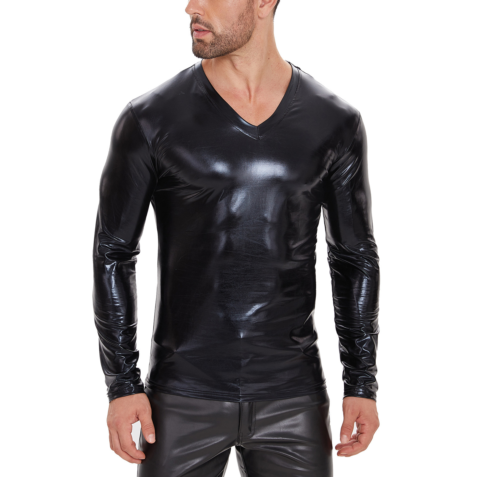 Men Shiny PU V-Neck Long Sleeve Wetlook T-Shirt